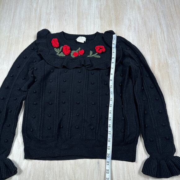 Kate Spade Black Poppy Rose Embroidered Bobble Detail Bell Cuff Sweater Medium - Picture 6 of 13